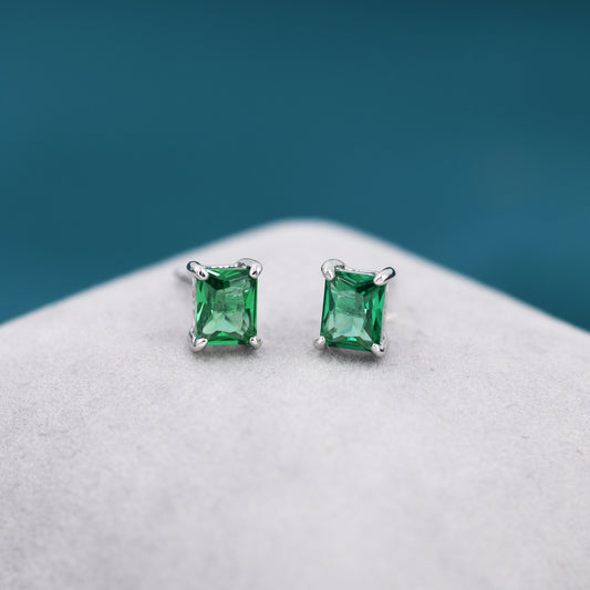 Emerald Cut Emerald Green CZ Stud Earrings in Sterling Silver, Silver or Gold, Square Cut Crystal Earrings, May Birthstone