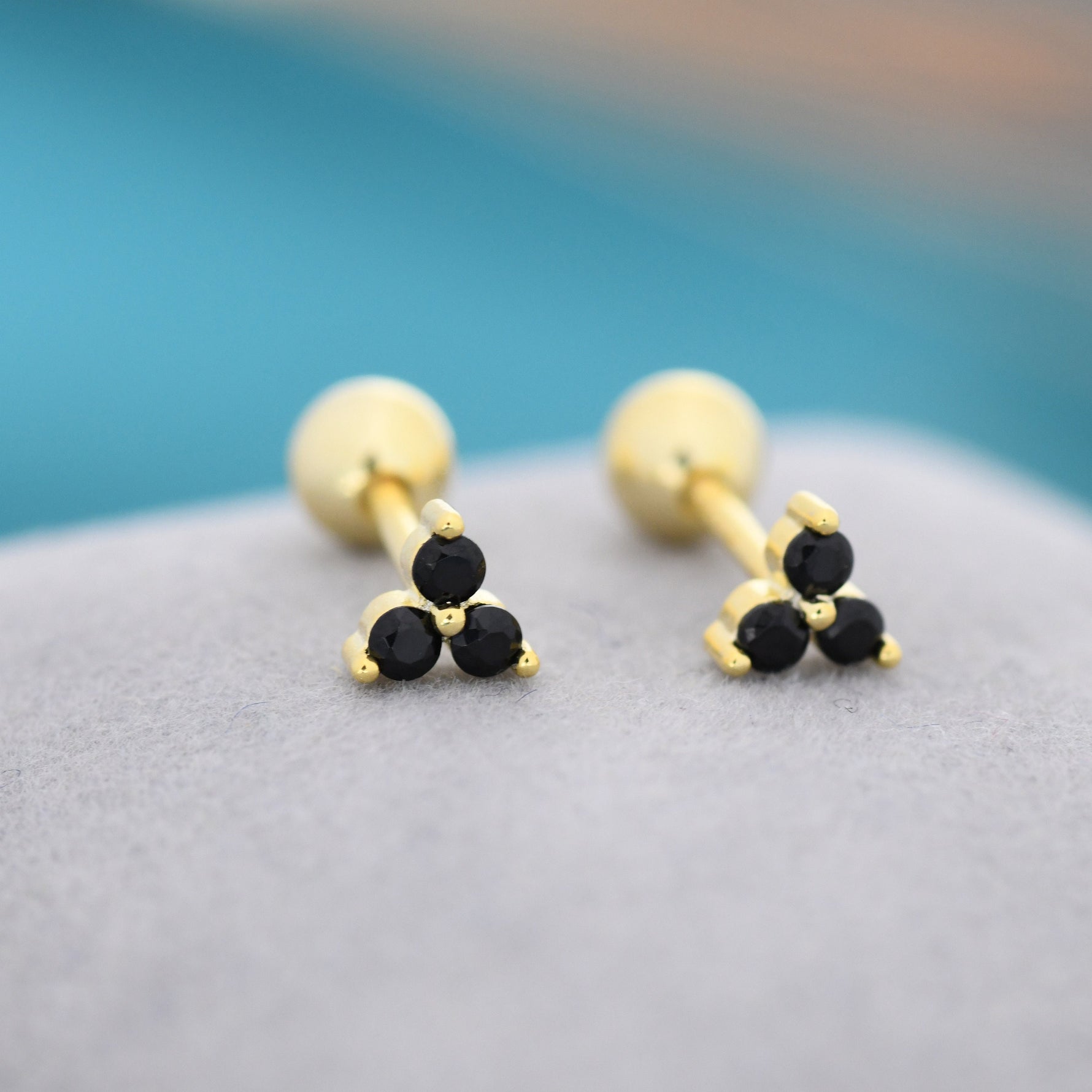 Tiny Black CZ Trio Screw Back Earrings in Sterling Silver, Three CZ Earrings, Simple and Minimalist, Geometric and Discreet, Black Screwback