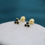 Tiny Black CZ Trio Screw Back Earrings in Sterling Silver, Three CZ Earrings, Simple and Minimalist, Geometric and Discreet, Black Screwback