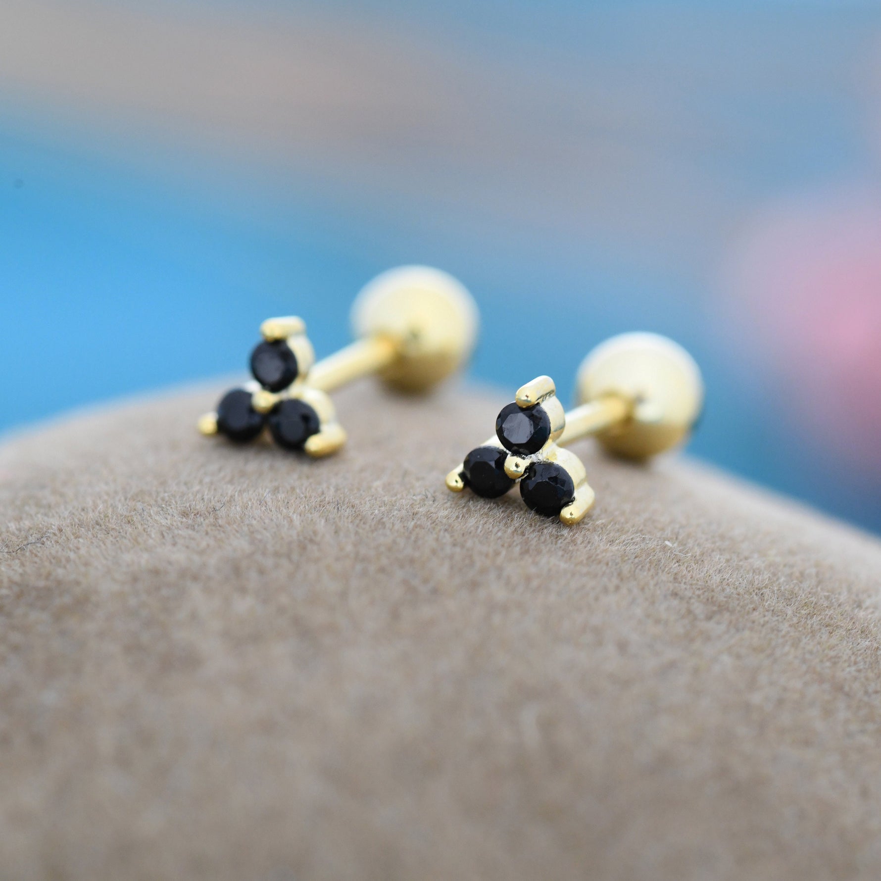 Tiny Black CZ Trio Screw Back Earrings in Sterling Silver, Three CZ Earrings, Simple and Minimalist, Geometric and Discreet, Black Screwback