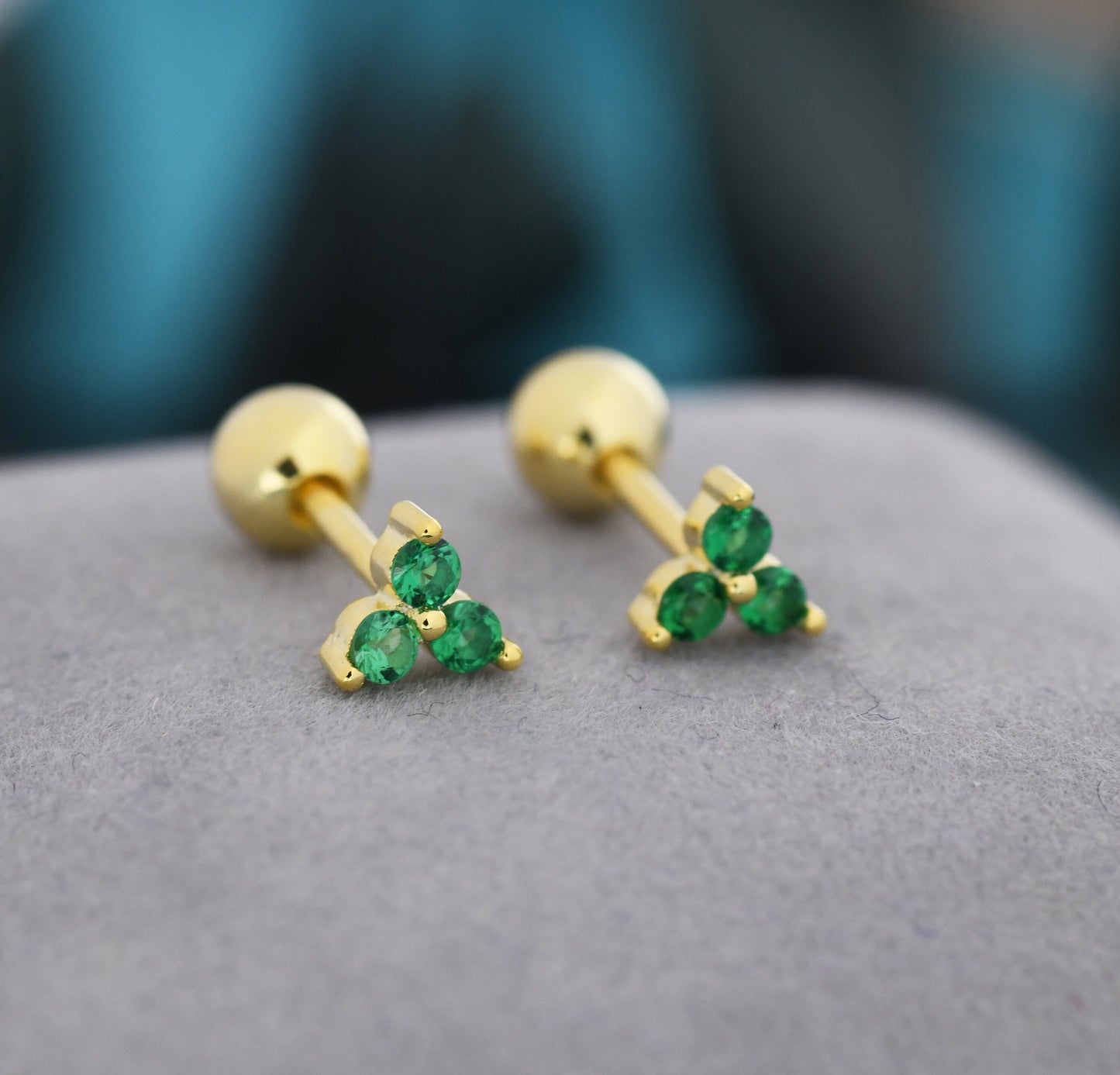 Tiny Three  Emerald Green CZ Screw Back Earrings in Sterling Silver, Green CZ Trinity Screwback, CZ Trio Earrings