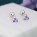 Tiny Three Amethyst Purple CZ Screw Back Earrings in Sterling Silver, Purple CZ Trinity Screwback, CZ Trio Earrings