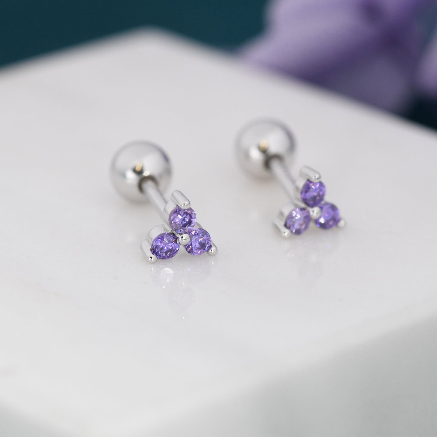 Tiny Three Amethyst Purple CZ Screw Back Earrings in Sterling Silver, Purple CZ Trinity Screwback, CZ Trio Earrings