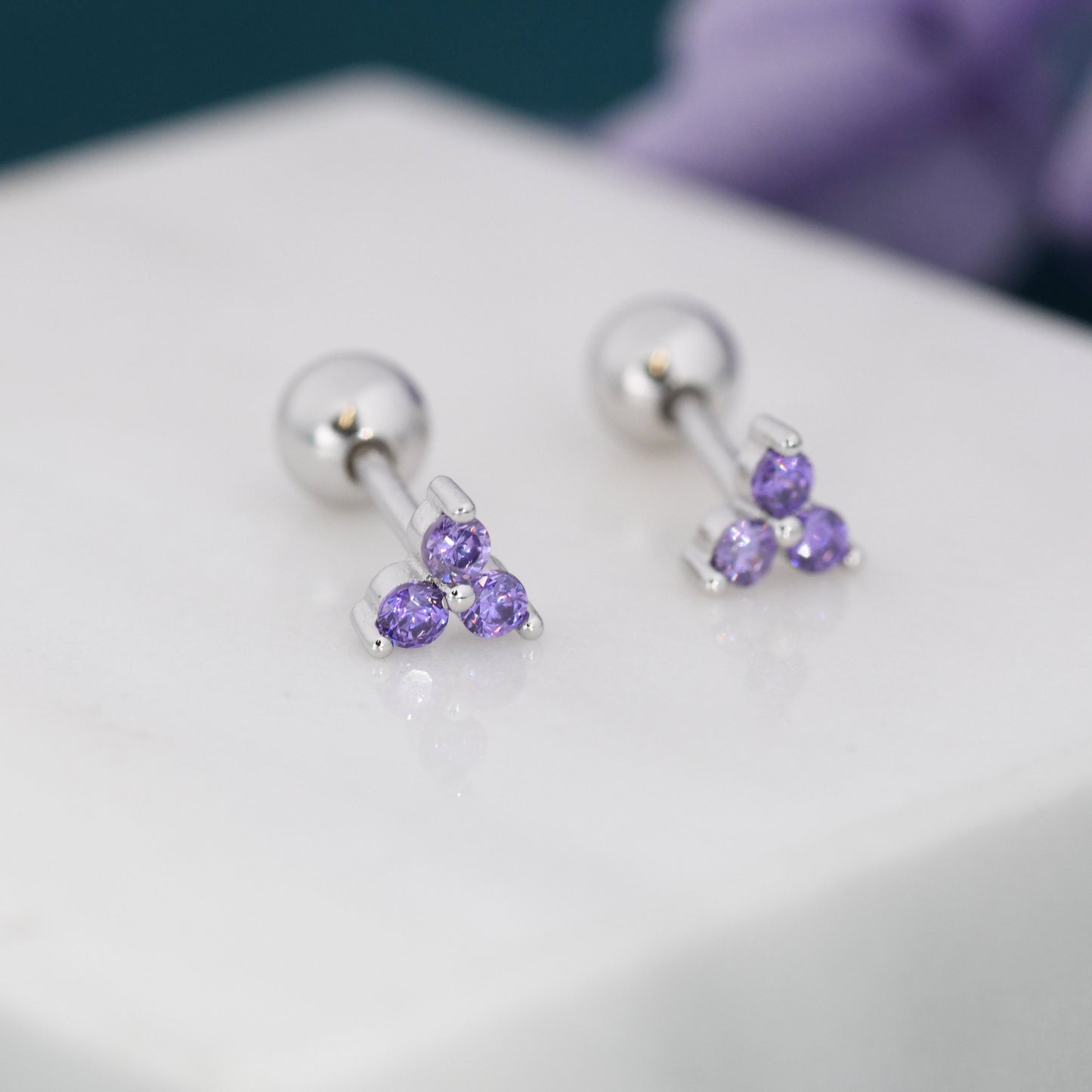 Tiny Three  Amethyst Purple CZ Screw Back Earrings in Sterling Silver, Purple CZ Trinity Screwback, CZ Trio Earrings