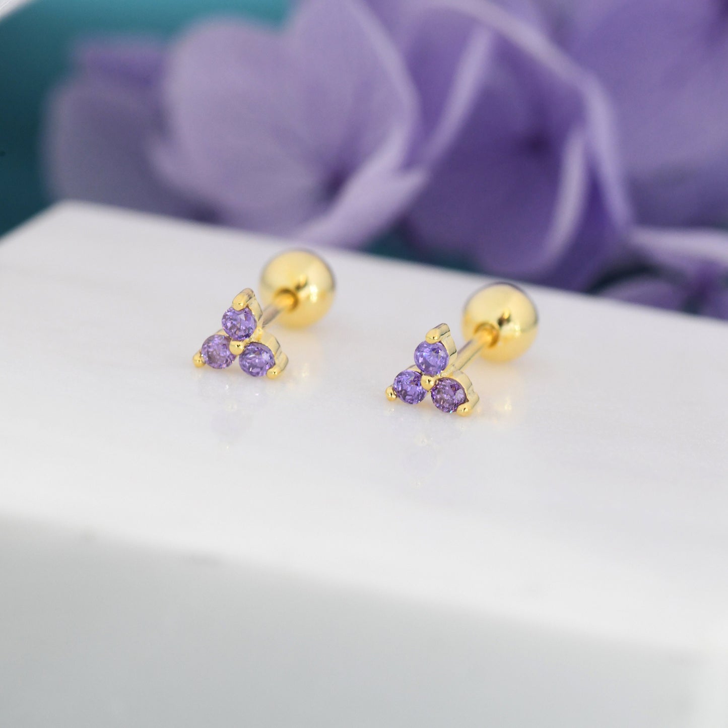 Tiny Three  Amethyst Purple CZ Screw Back Earrings in Sterling Silver, Purple CZ Trinity Screwback, CZ Trio Earrings