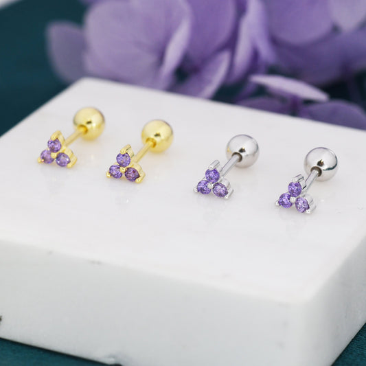 Tiny Three  Amethyst Purple CZ Screw Back Earrings in Sterling Silver, Purple CZ Trinity Screwback, CZ Trio Earrings