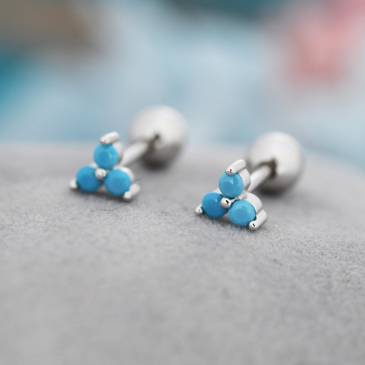 Tiny Three Turquoise Screw Back Earrings in Sterling Silver, Turquoise CZ Trinity Screwback, CZ Trio Earrings