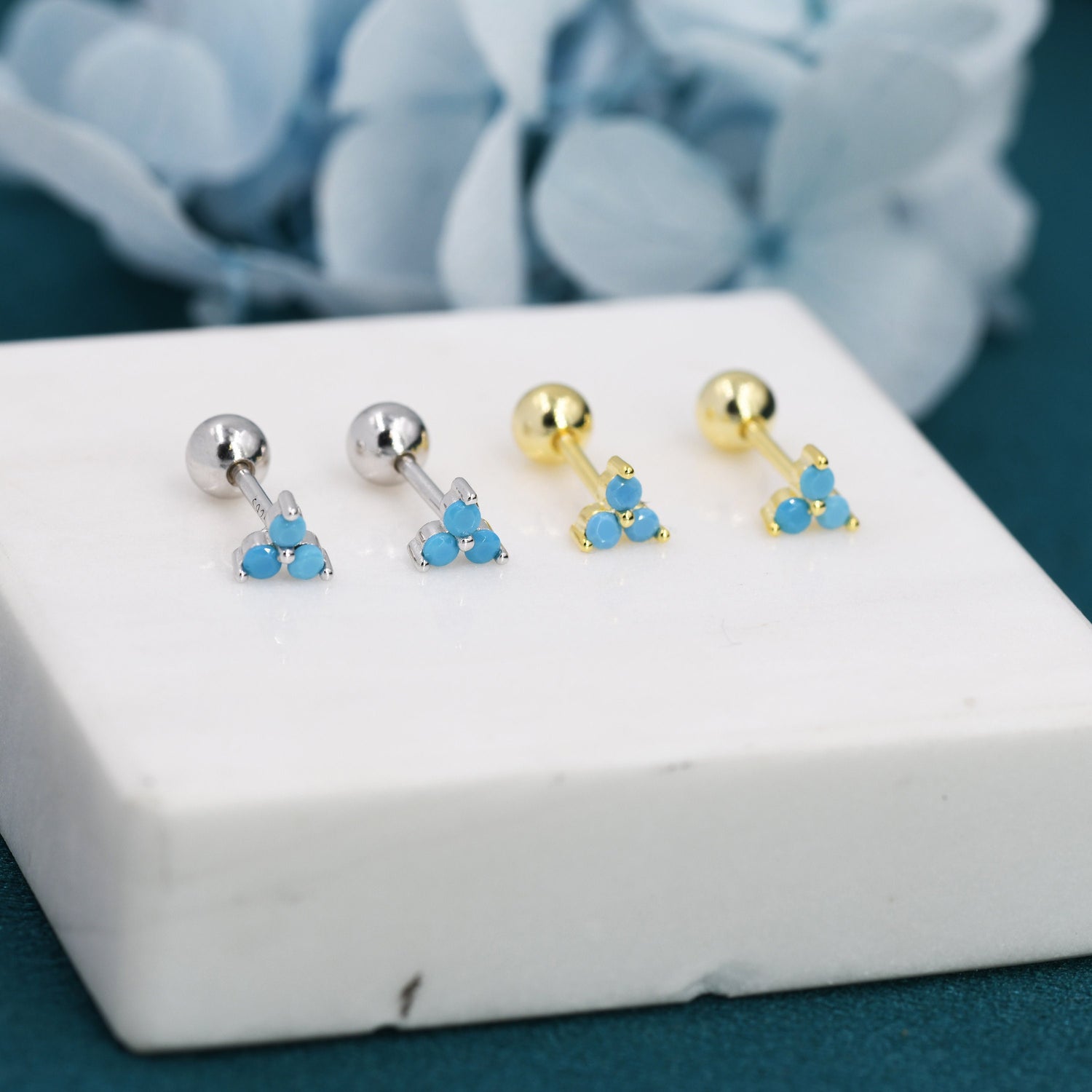 Tiny Three Turquoise Screw Back Earrings in Sterling Silver, Turquoise CZ Trinity Screwback, CZ Trio Earrings