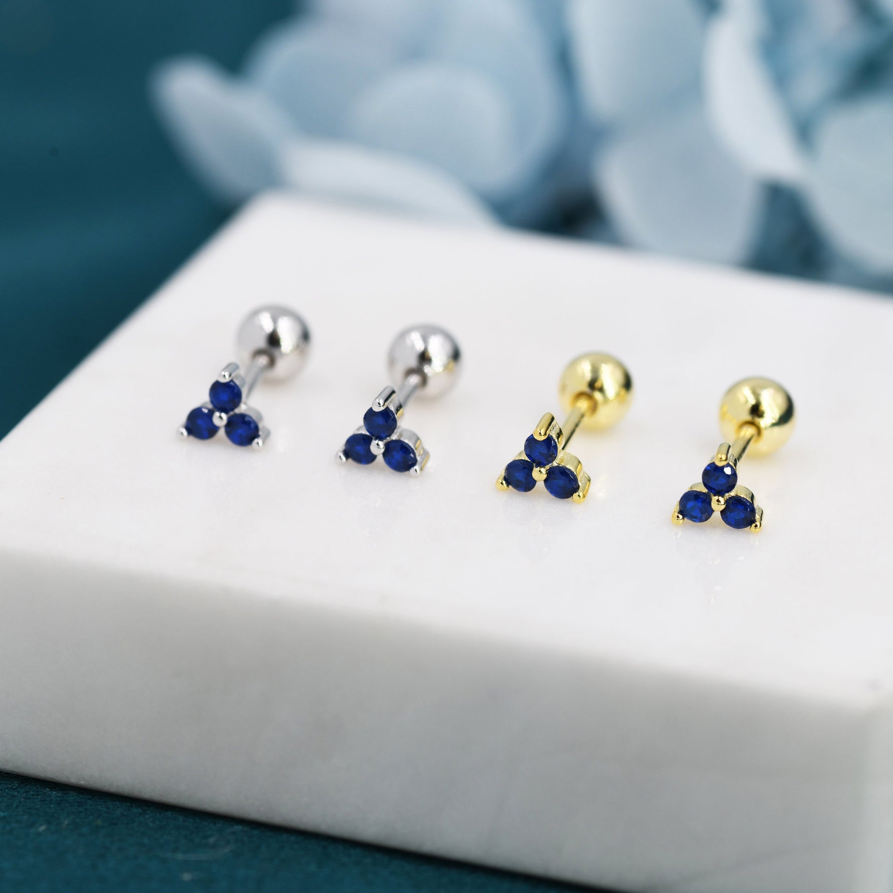 Tiny Three Sapphire Blue CZ Screw Back Earrings in Sterling Silver, Blue CZ Trinity Screwback, CZ Trio Earrings