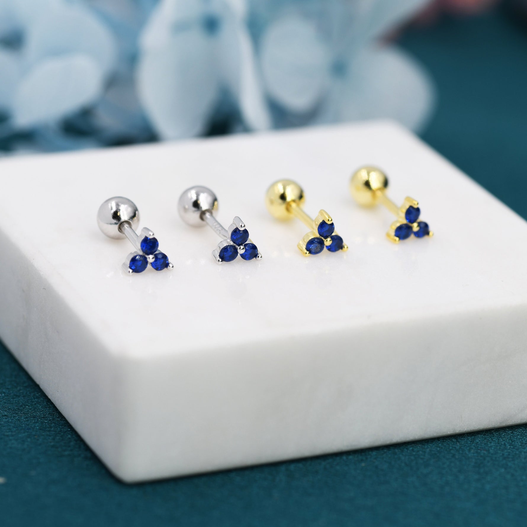 Tiny Three Sapphire Blue CZ Screw Back Earrings in Sterling Silver, Blue CZ Trinity Screwback, CZ Trio Earrings