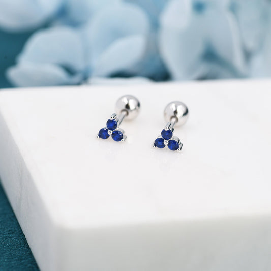 Tiny Three Sapphire Blue CZ Screw Back Earrings in Sterling Silver, Blue CZ Trinity Screwback, CZ Trio Earrings