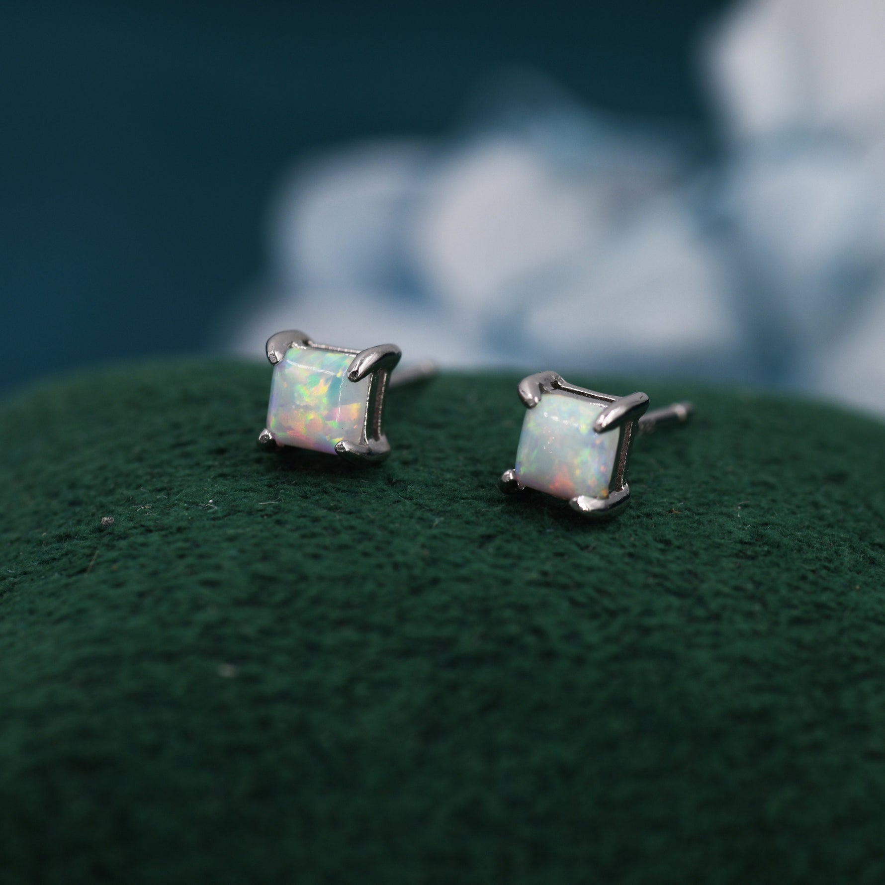White Opal Square Stud Earrings in Sterling Silver - Gold or Silver - Opal Cube Earrings - Petite Stud Earrings, Fire Opal, Square Shape
