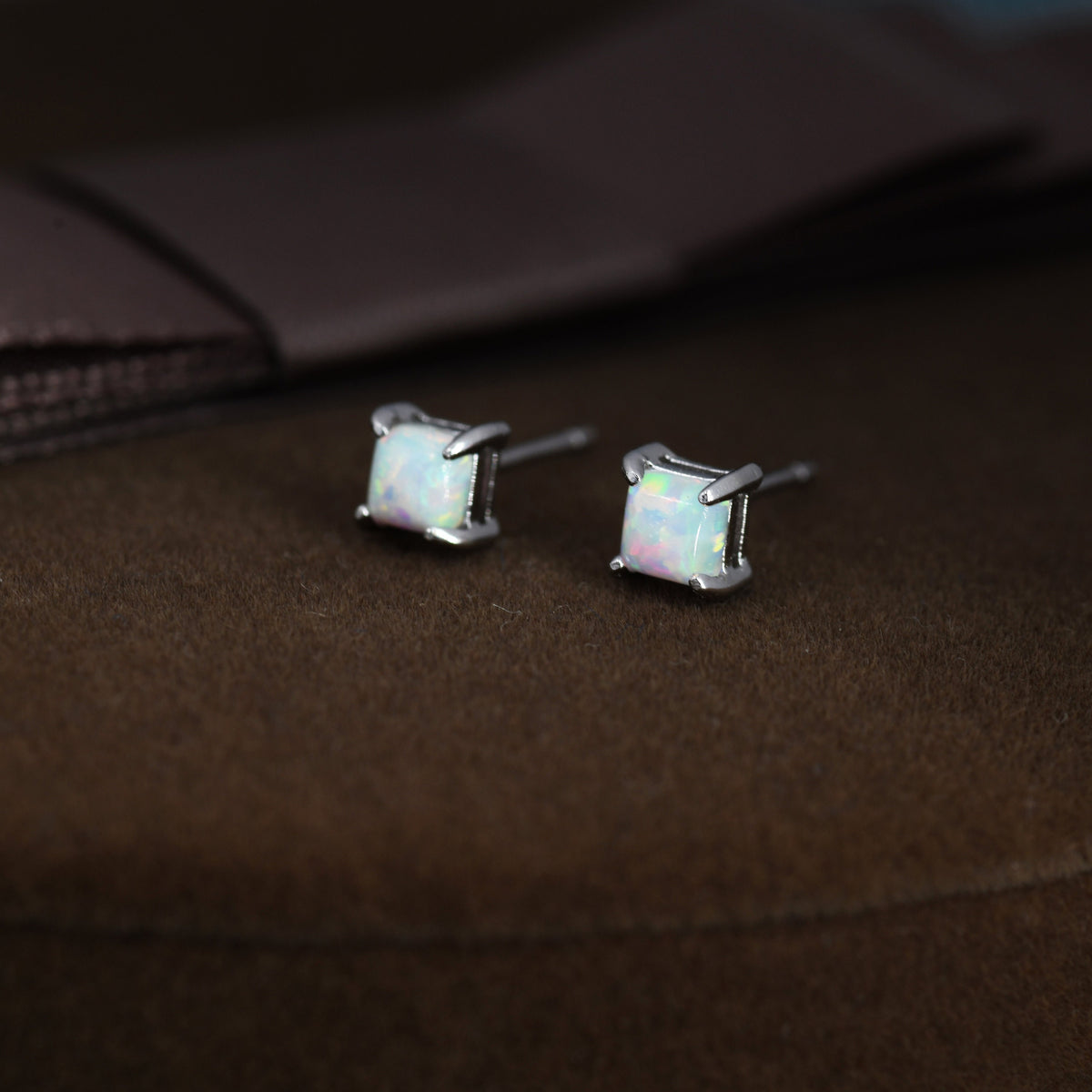 White Opal Square Stud Earrings in Sterling Silver - Gold or Silver - Opal Cube Earrings - Petite Stud Earrings, Fire Opal, Square Shape