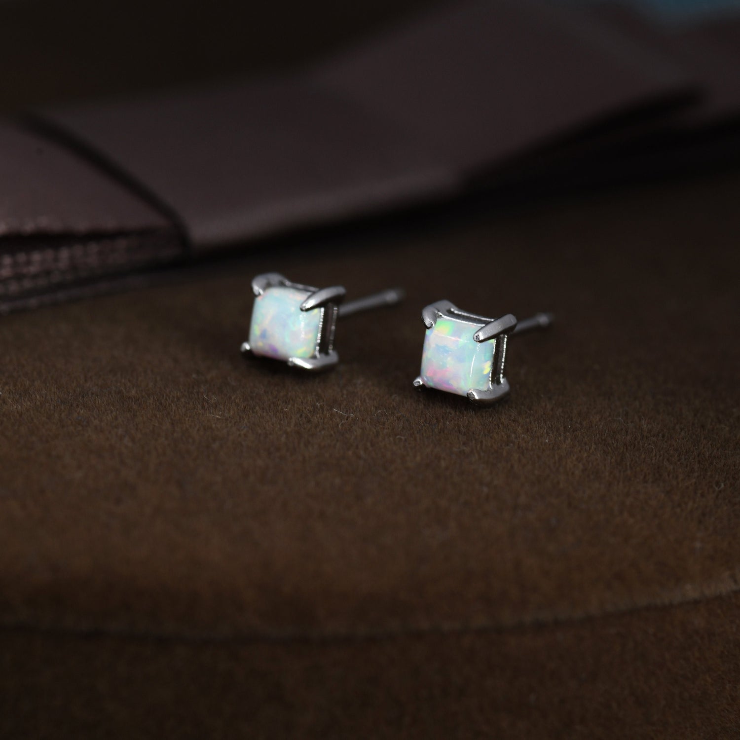 White Opal Square Stud Earrings in Sterling Silver - Gold or Silver - Opal Cube Earrings - Petite Stud Earrings, Fire Opal, Square Shape