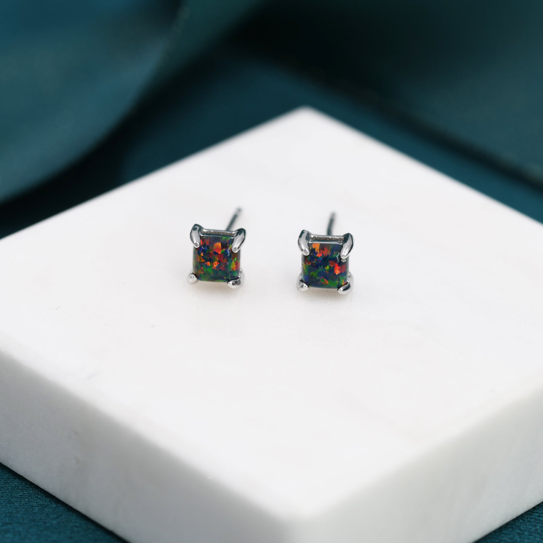 Black Opal Square Stud Earrings in Sterling Silver - Gold or Silver - Opal Cube Earrings - Petite Stud Earrings, Black Opal, Square Shape