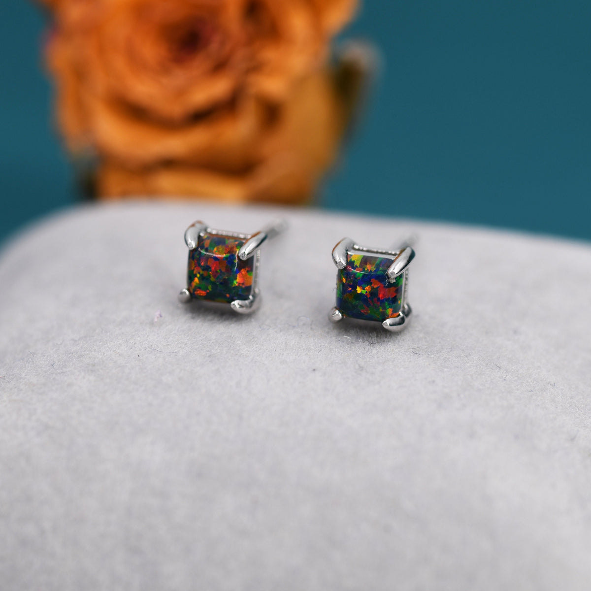 Black Opal Square Stud Earrings in Sterling Silver - Gold or Silver - Opal Cube Earrings - Petite Stud Earrings, Black Opal, Square Shape