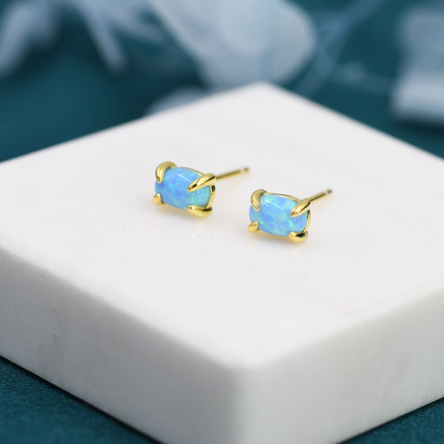 Blue Opal Oval Stud Earrings in Sterling Silver - Gold or Silver - Opal Oval Earrings - Opal Prong Set Earrings,Blue Opal