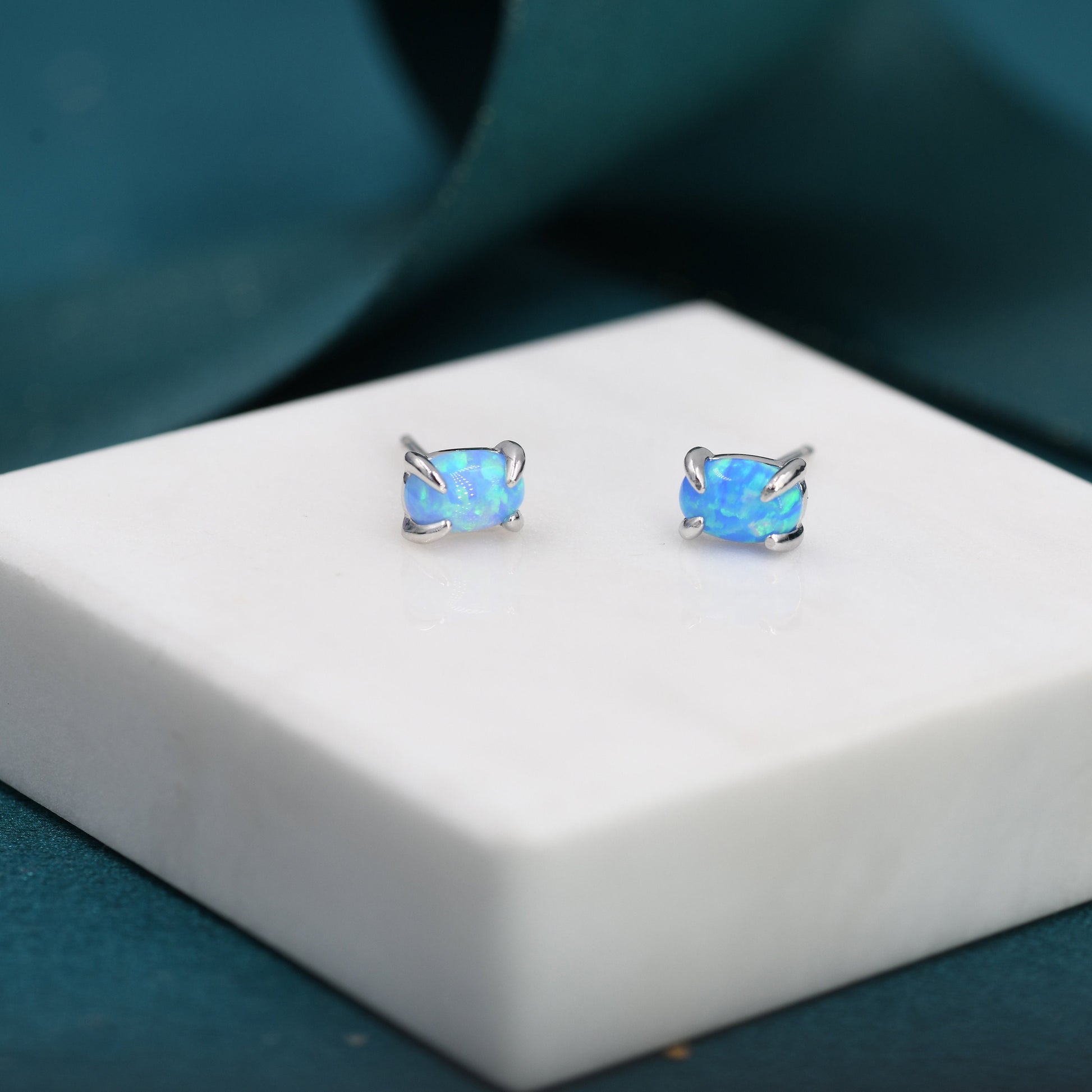 Blue Opal Oval Stud Earrings in Sterling Silver - Gold or Silver - Opal Oval Earrings - Opal Prong Set Earrings,Blue Opal