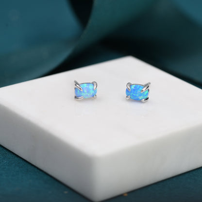 Blue Opal Oval Stud Earrings in Sterling Silver - Gold or Silver - Opal Oval Earrings - Opal Prong Set Earrings,Blue Opal