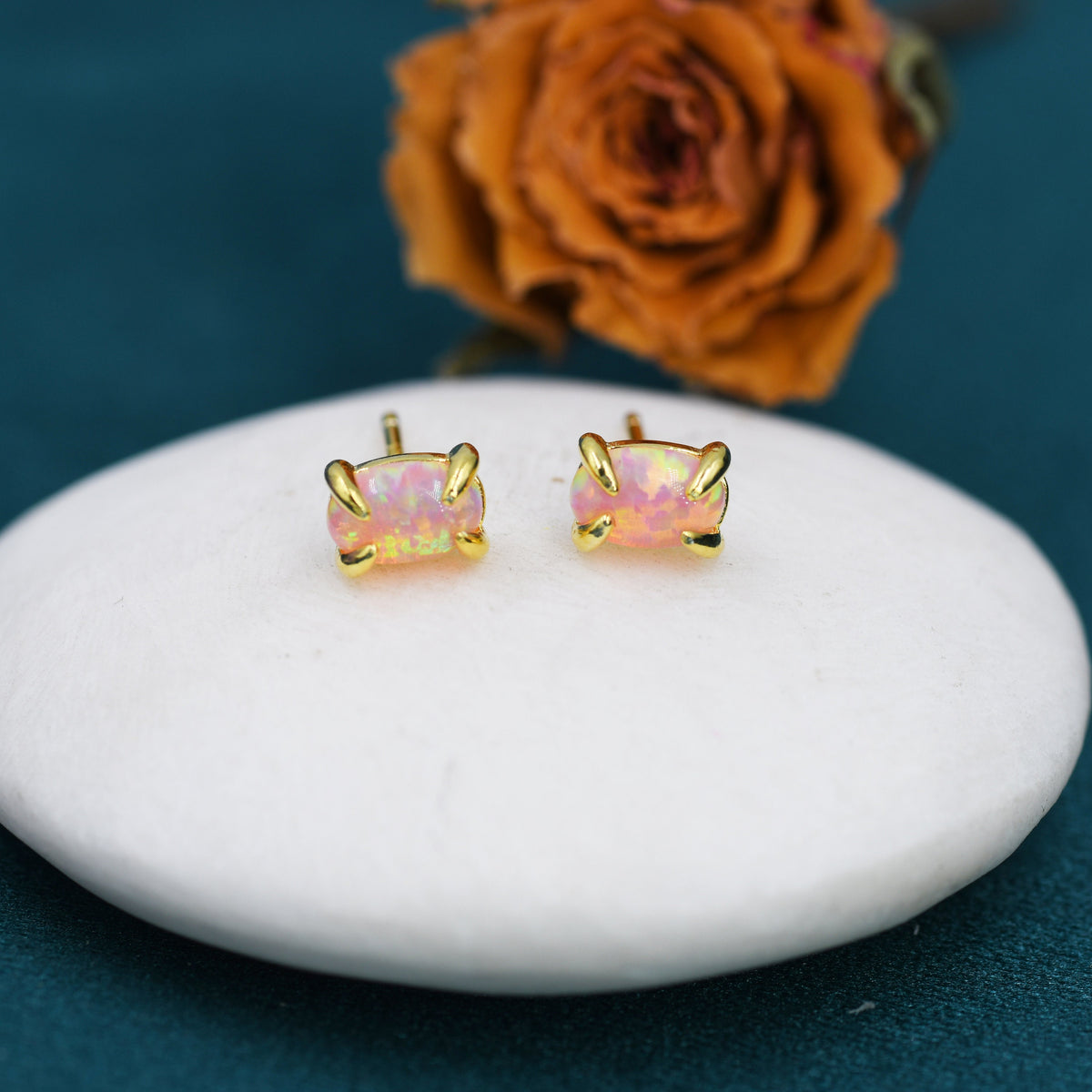 Pink Opal Oval Stud Earrings in Sterling Silver - Gold or Silver - Opal Oval Earrings - Opal Prong Set Earrings, Pink Opal