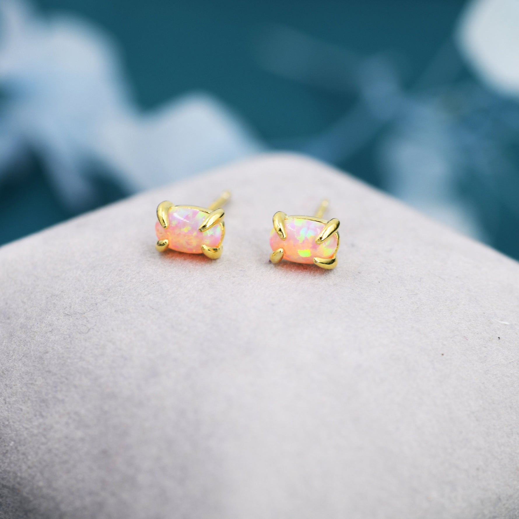Pink Opal Oval Stud Earrings in Sterling Silver - Gold or Silver - Opal Oval Earrings - Opal Prong Set Earrings, Pink Opal