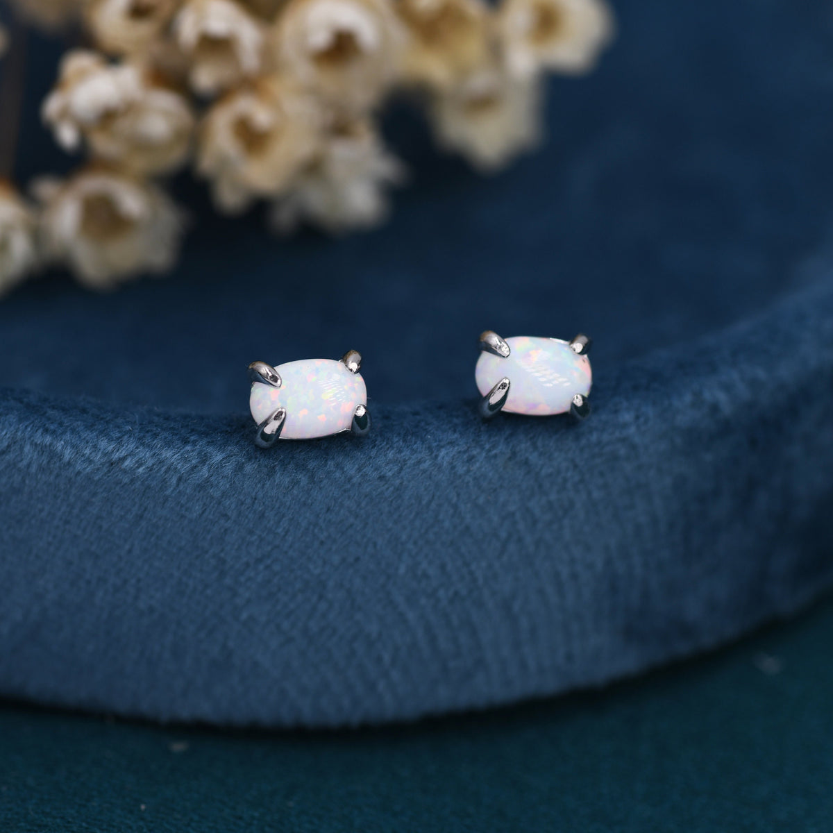 White Opal Oval Stud Earrings in Sterling Silver - Gold or Silver - Opal Oval Earrings - Opal Prong Set Earrings, White Opal