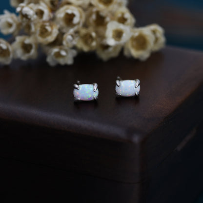 White Opal Oval Stud Earrings in Sterling Silver - Gold or Silver - Opal Oval Earrings - Opal Prong Set Earrings, White Opal