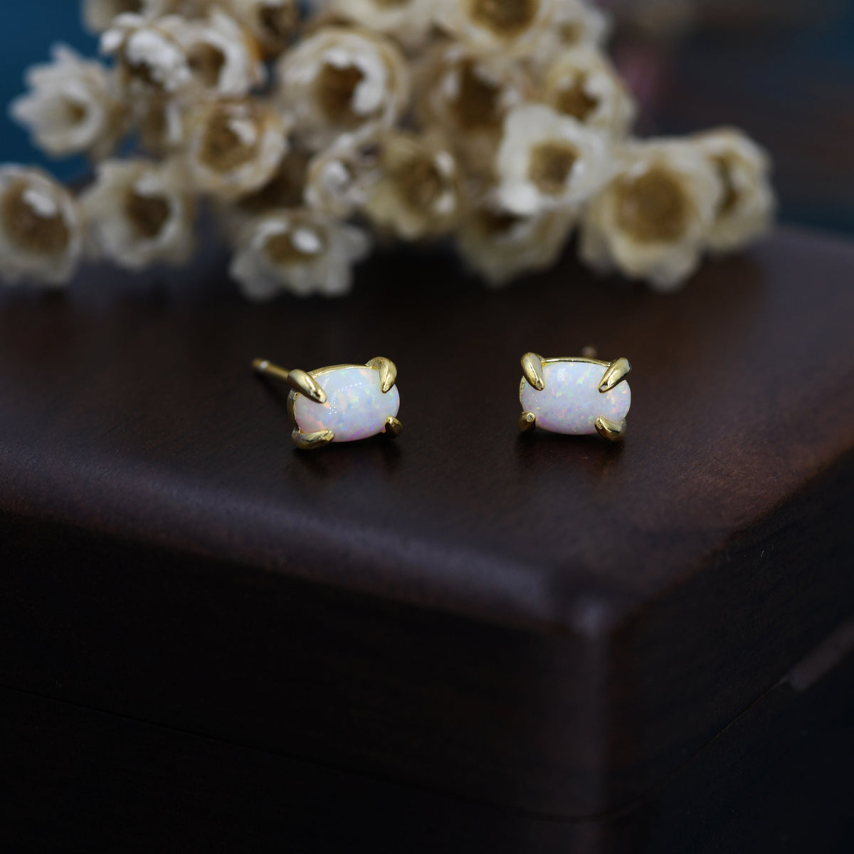 White Opal Oval Stud Earrings in Sterling Silver - Gold or Silver - Opal Oval Earrings - Opal Prong Set Earrings, White Opal