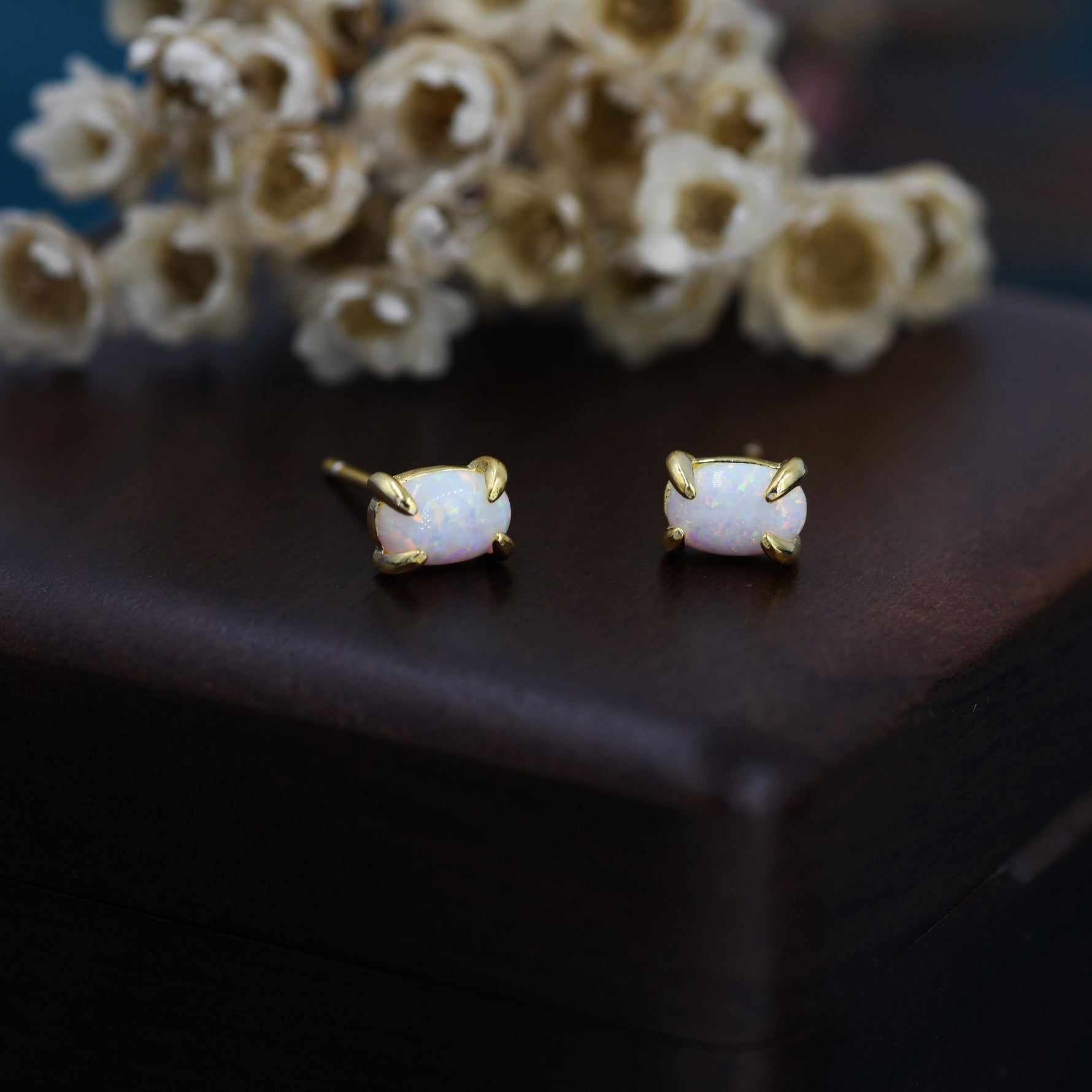 White Opal Oval Stud Earrings in Sterling Silver - Gold or Silver - Opal Oval Earrings - Opal Prong Set Earrings, White Opal