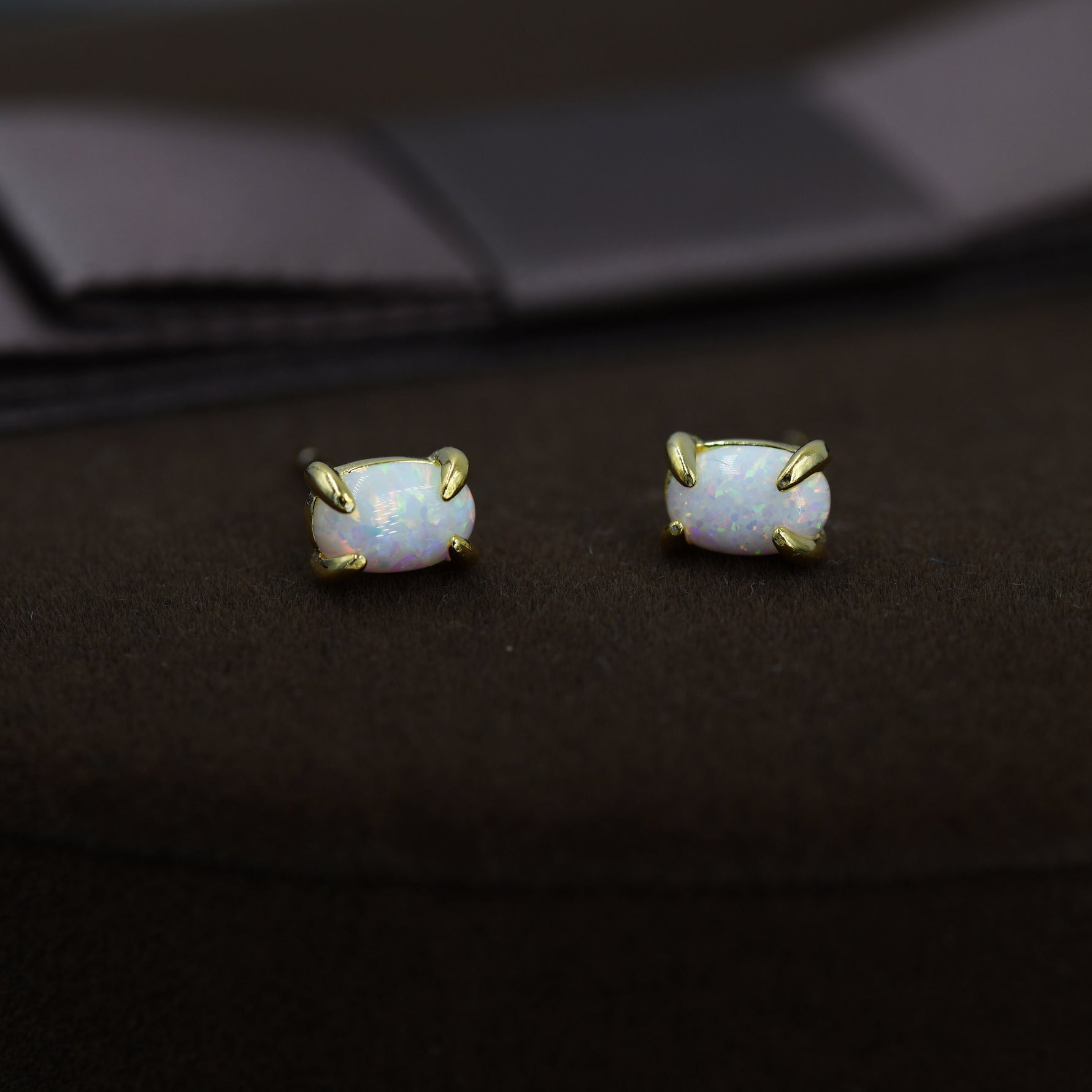 White Opal Oval Stud Earrings in Sterling Silver - Gold or Silver - Opal Oval Earrings - Opal Prong Set Earrings, White Opal