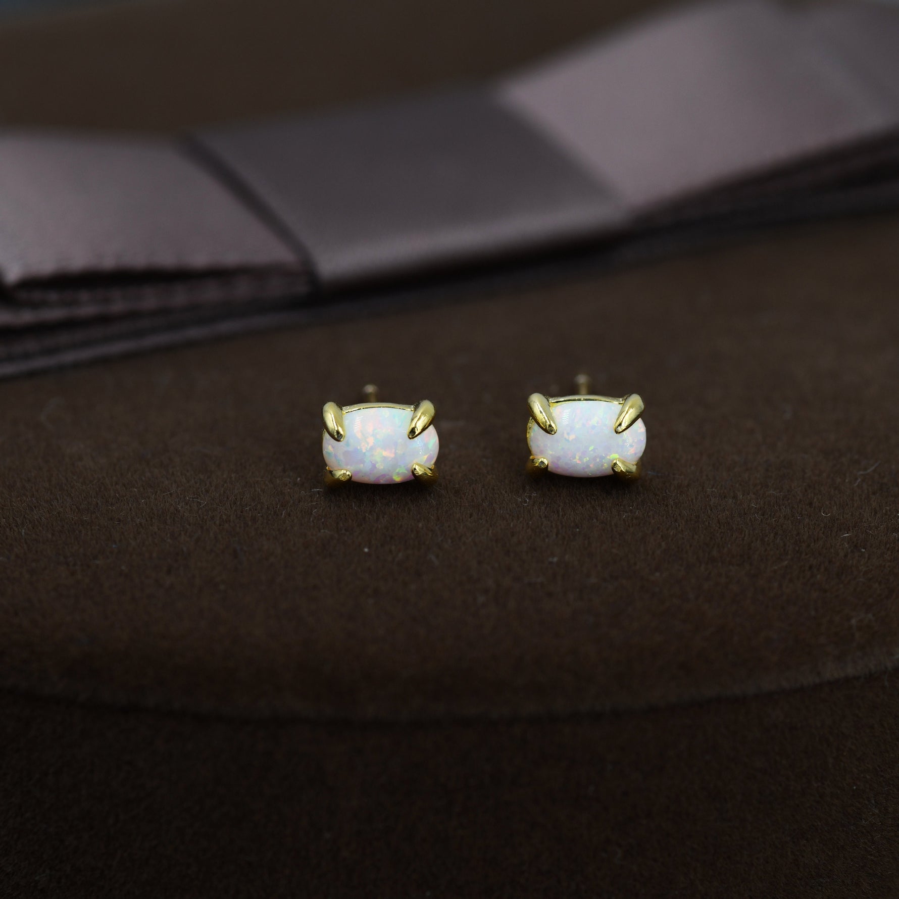 White Opal Oval Stud Earrings in Sterling Silver - Gold or Silver - Opal Oval Earrings - Opal Prong Set Earrings, White Opal