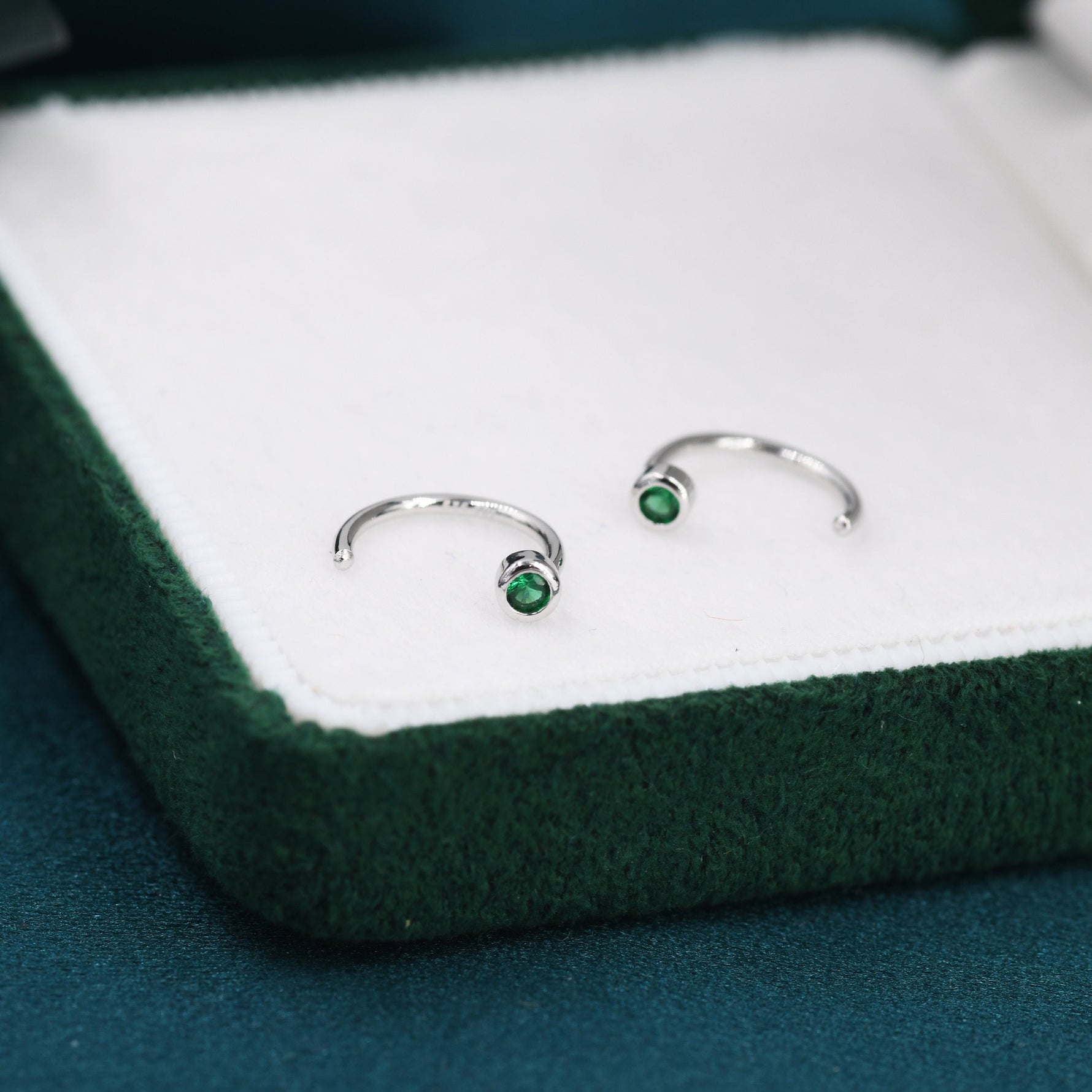 2mm Emerald Green CZ Huggie Hoop Earrings in Sterling Silver, Silver, or Gold, Half Hoop, Open Hoop, Pull Through, Dainty Earrings