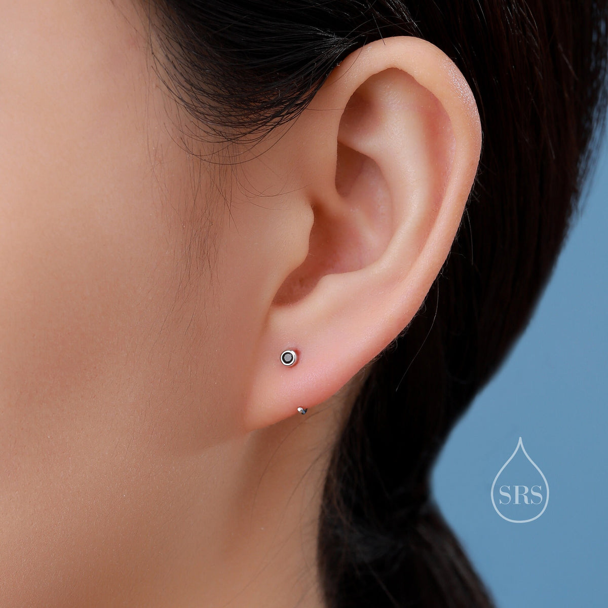 2mm Aquamarine Blue CZ Huggie Hoop Earrings in Sterling Silver, Half Hoop, Open Hoop, Pull Through, Dainty Earrings, March Birthstone