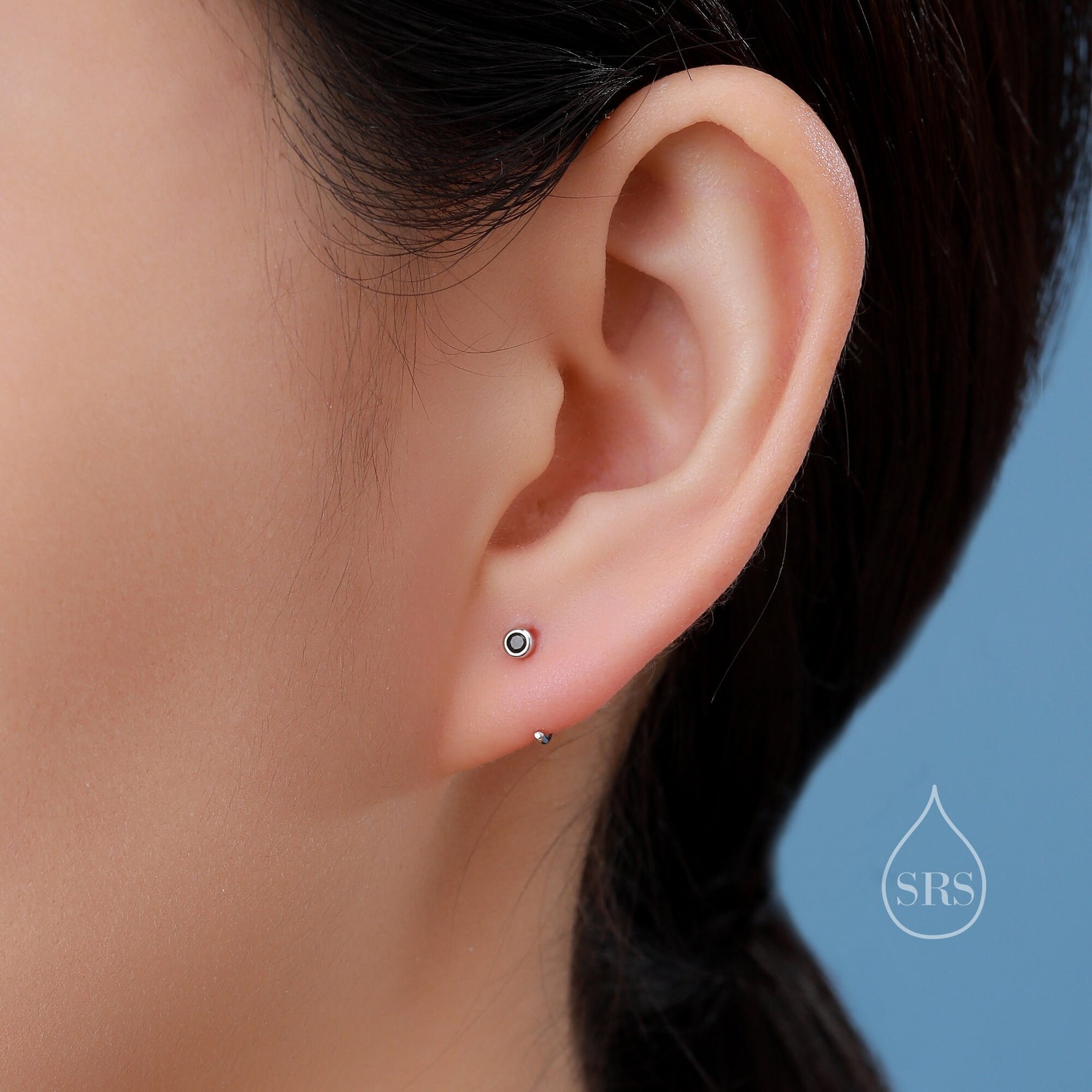 2mm Aquamarine Blue CZ Huggie Hoop Earrings in Sterling Silver, Half Hoop, Open Hoop, Pull Through, Dainty Earrings, March Birthstone