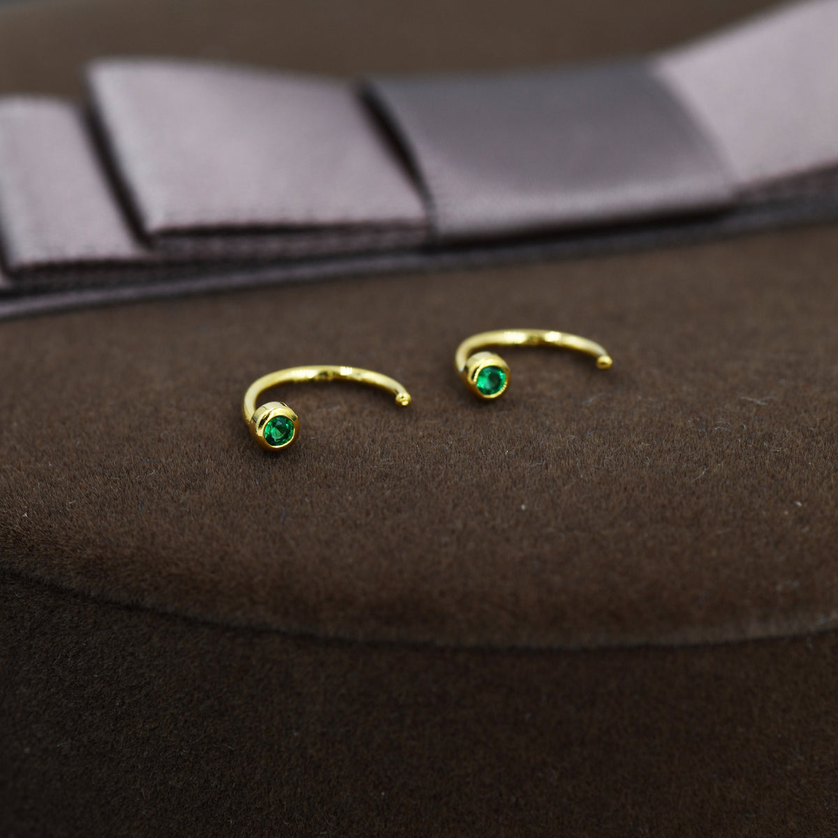 2mm Emerald Green CZ Huggie Hoop Earrings in Sterling Silver, Silver, or Gold, Half Hoop, Open Hoop, Pull Through, Dainty Earrings