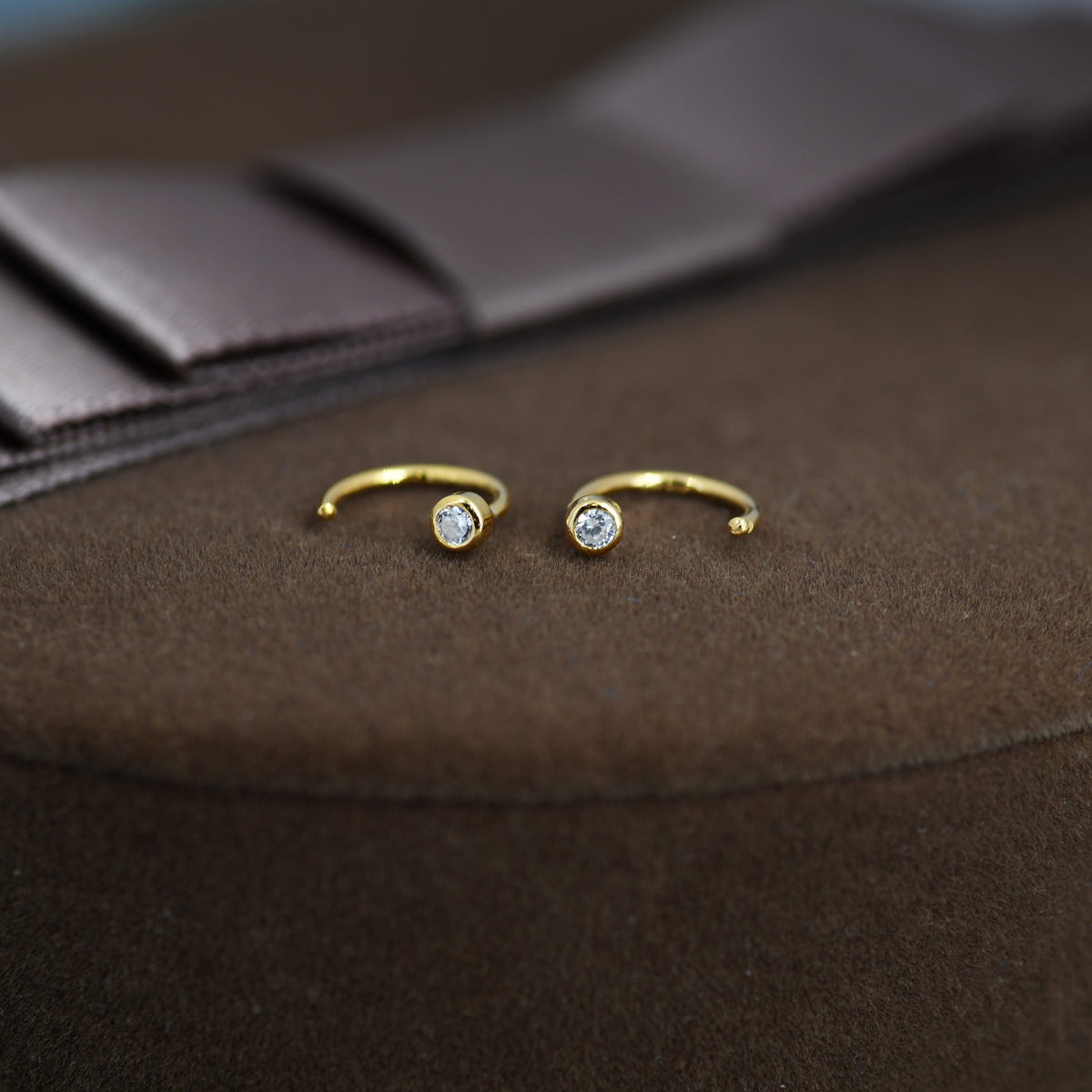 2mm Diamond CZ Huggie Hoop Earrings in Sterling Silver, Silver, or Gold, Half Hoop, Open Hoop, Pull Through, Dainty Earrings