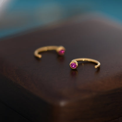 2mm Ruby Pink CZ Huggie Hoop Earrings in Sterling Silver, Silver, or Gold, Half Hoop, Open Hoop, Pull Through, July Birthstone