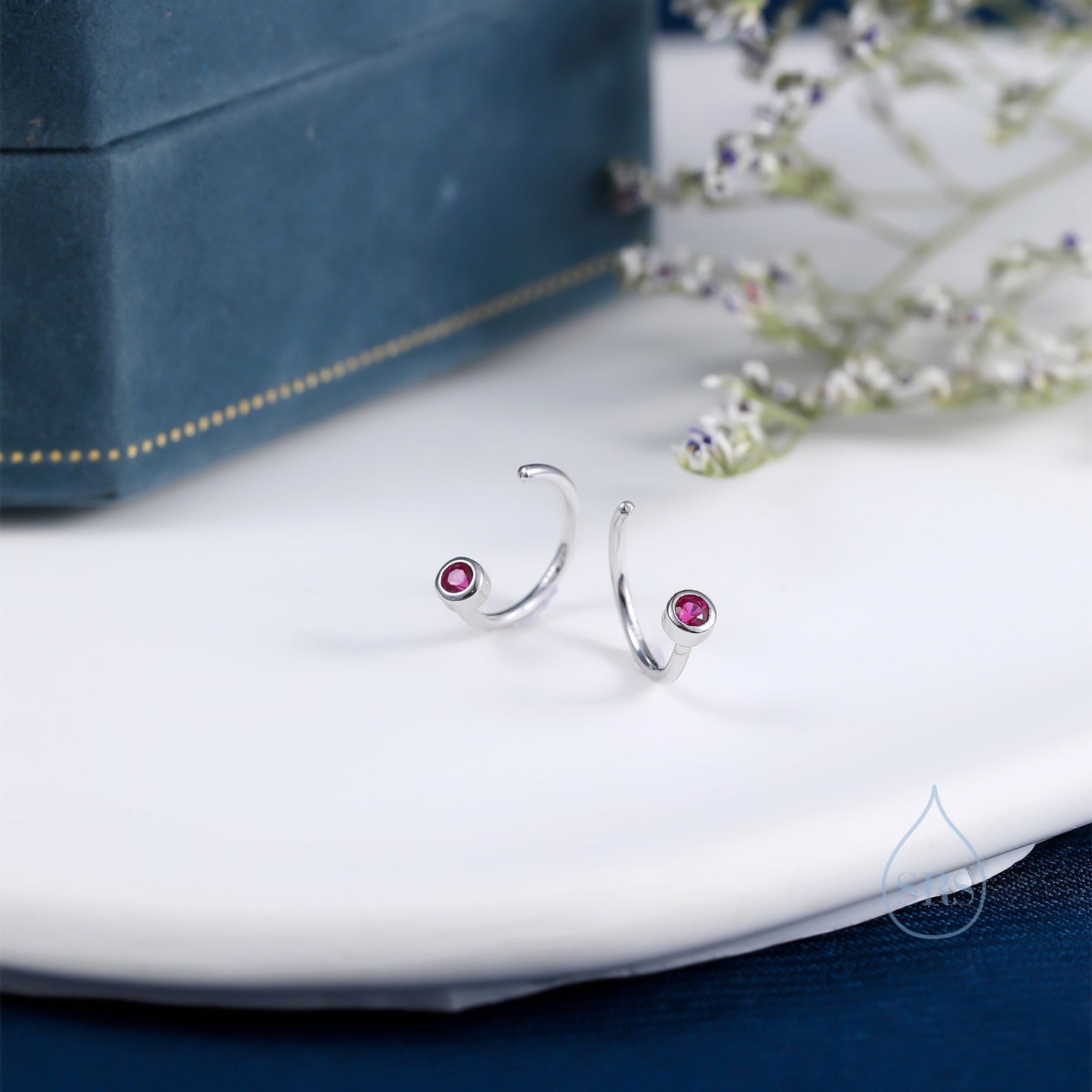 2mm Ruby Pink CZ Huggie Hoop Earrings in Sterling Silver, Silver, or Gold, Half Hoop, Open Hoop, Pull Through, July Birthstone