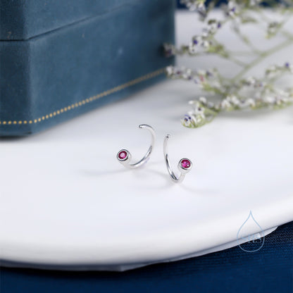 2mm Ruby Pink CZ Huggie Hoop Earrings in Sterling Silver, Silver, or Gold, Half Hoop, Open Hoop, Pull Through,  July Birthstone