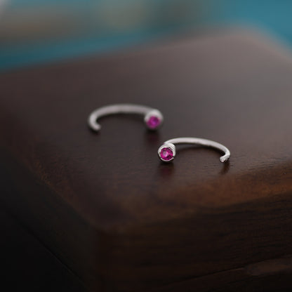 2mm Ruby Pink CZ Huggie Hoop Earrings in Sterling Silver, Silver, or Gold, Half Hoop, Open Hoop, Pull Through,  July Birthstone