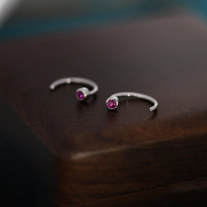 2mm Ruby Pink CZ Huggie Hoop Earrings in Sterling Silver, Silver, or Gold, Half Hoop, Open Hoop, Pull Through, July Birthstone