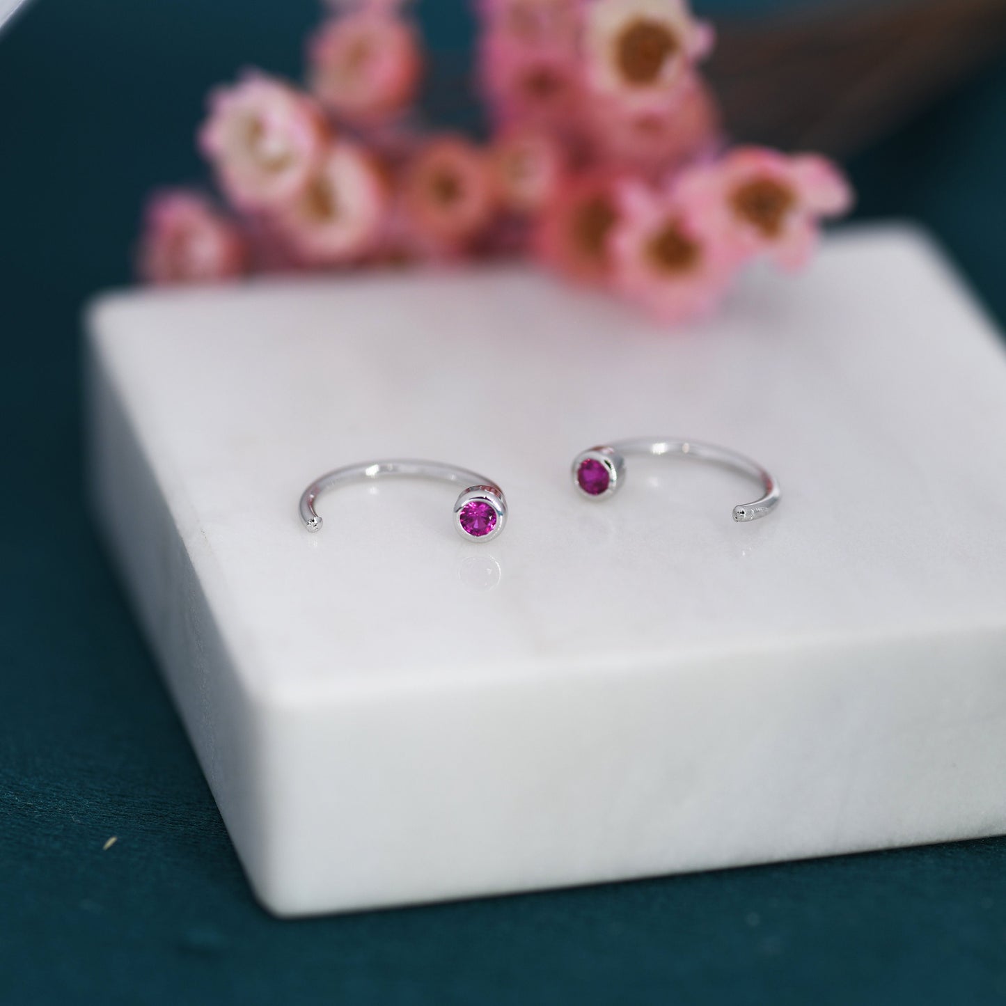 2mm Ruby Pink CZ Huggie Hoop Earrings in Sterling Silver, Silver, or Gold, Half Hoop, Open Hoop, Pull Through, July Birthstone