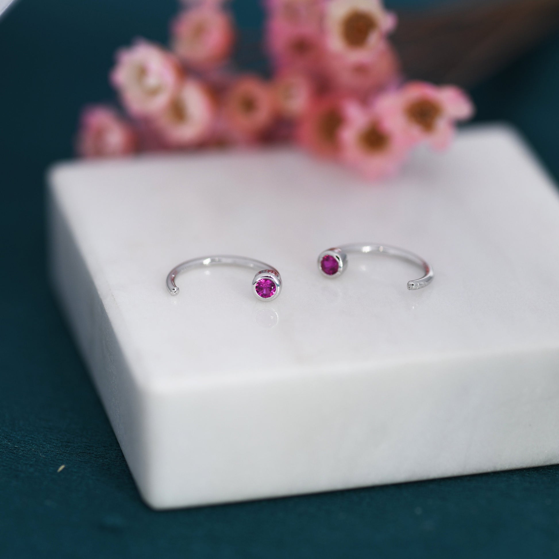 2mm Ruby Pink CZ Huggie Hoop Earrings in Sterling Silver, Silver, or Gold, Half Hoop, Open Hoop, Pull Through, July Birthstone