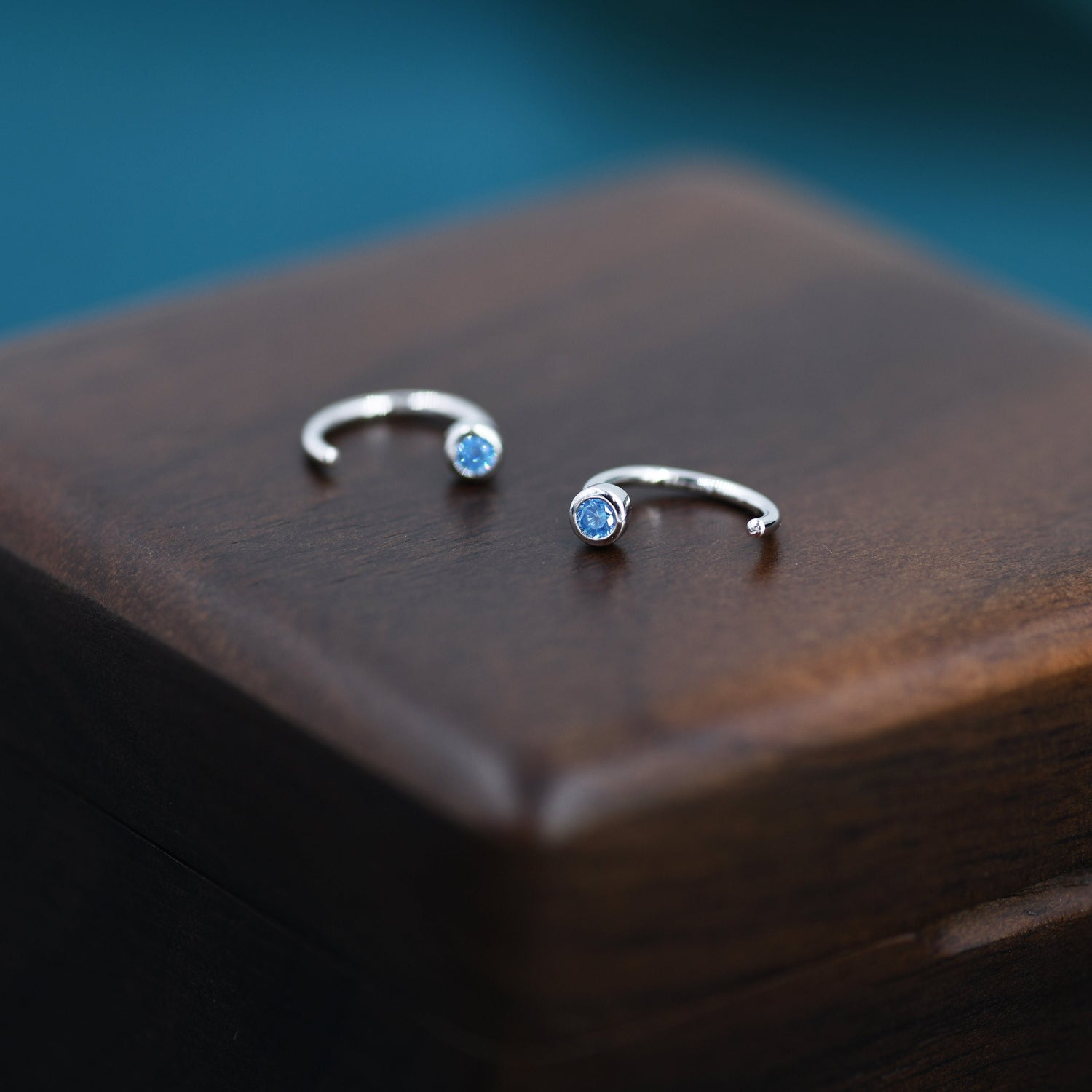2mm Aquamarine Blue CZ Huggie Hoop Earrings in Sterling Silver, Half Hoop, Open Hoop, Pull Through, Dainty Earrings, March Birthstone