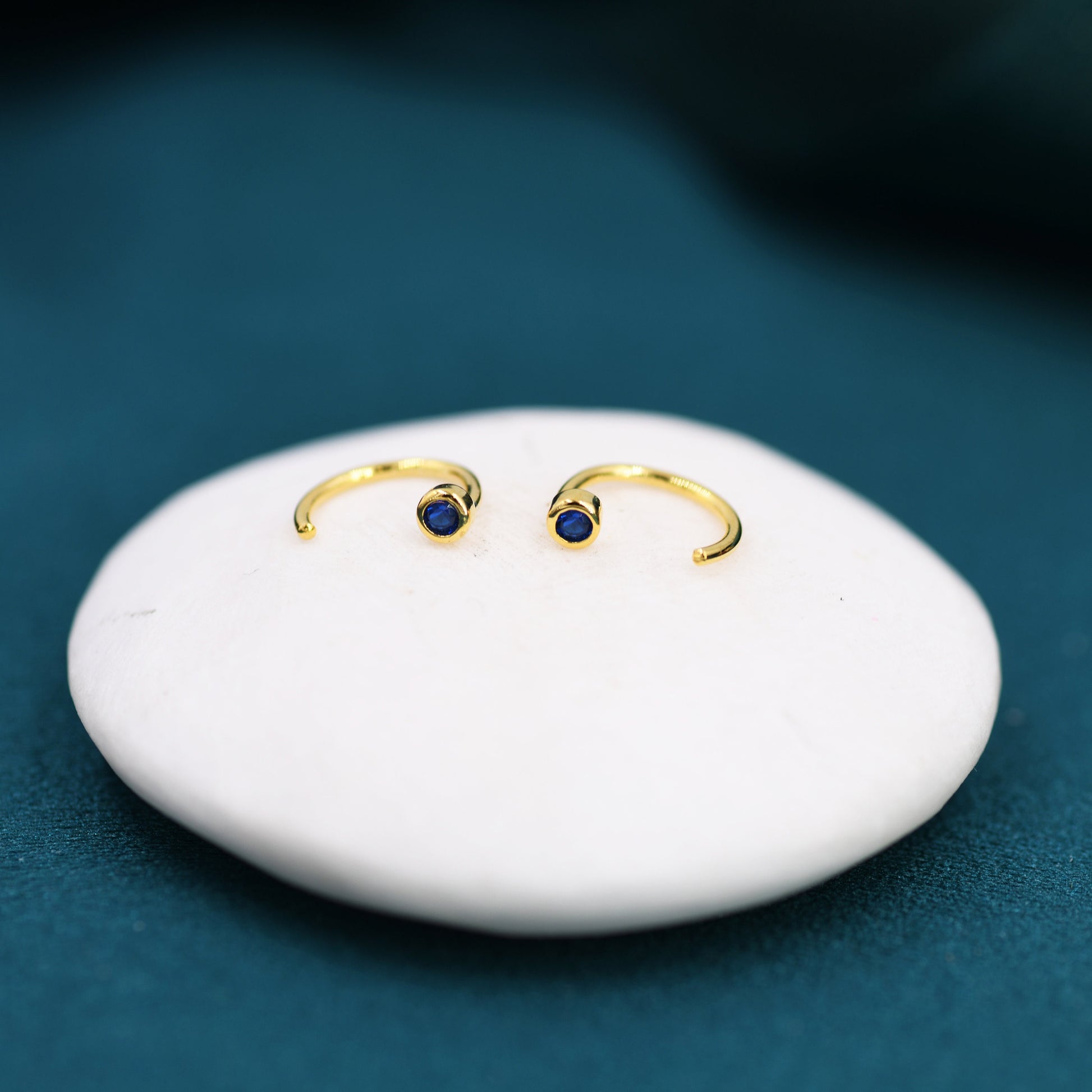 2mm Sapphire Blue CZ Huggie Hoop Earrings in Sterling Silver, Silver or Gold, Half Hoop, Open Hoop, Pull Through, September Birthstone