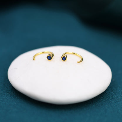 2mm Sapphire Blue CZ Huggie Hoop Earrings in Sterling Silver, Silver or Gold, Half Hoop, Open Hoop, Pull Through, September Birthstone