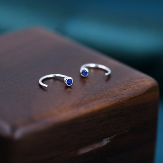 2mm Sapphire Blue CZ Huggie Hoop Earrings in Sterling Silver, Silver or Gold, Half Hoop, Open Hoop, Pull Through, September Birthstone