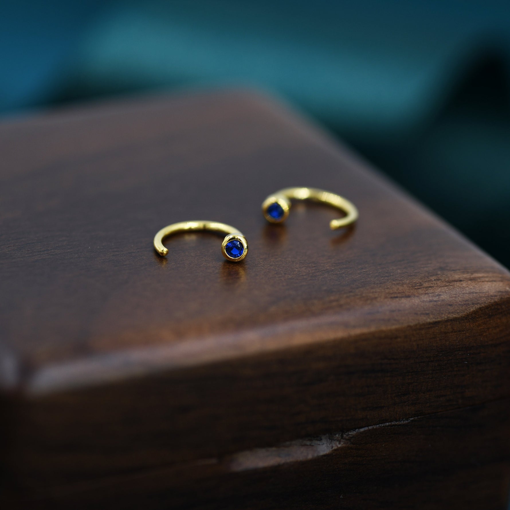 2mm Sapphire Blue CZ Huggie Hoop Earrings in Sterling Silver, Silver or Gold, Half Hoop, Open Hoop, Pull Through, September Birthstone