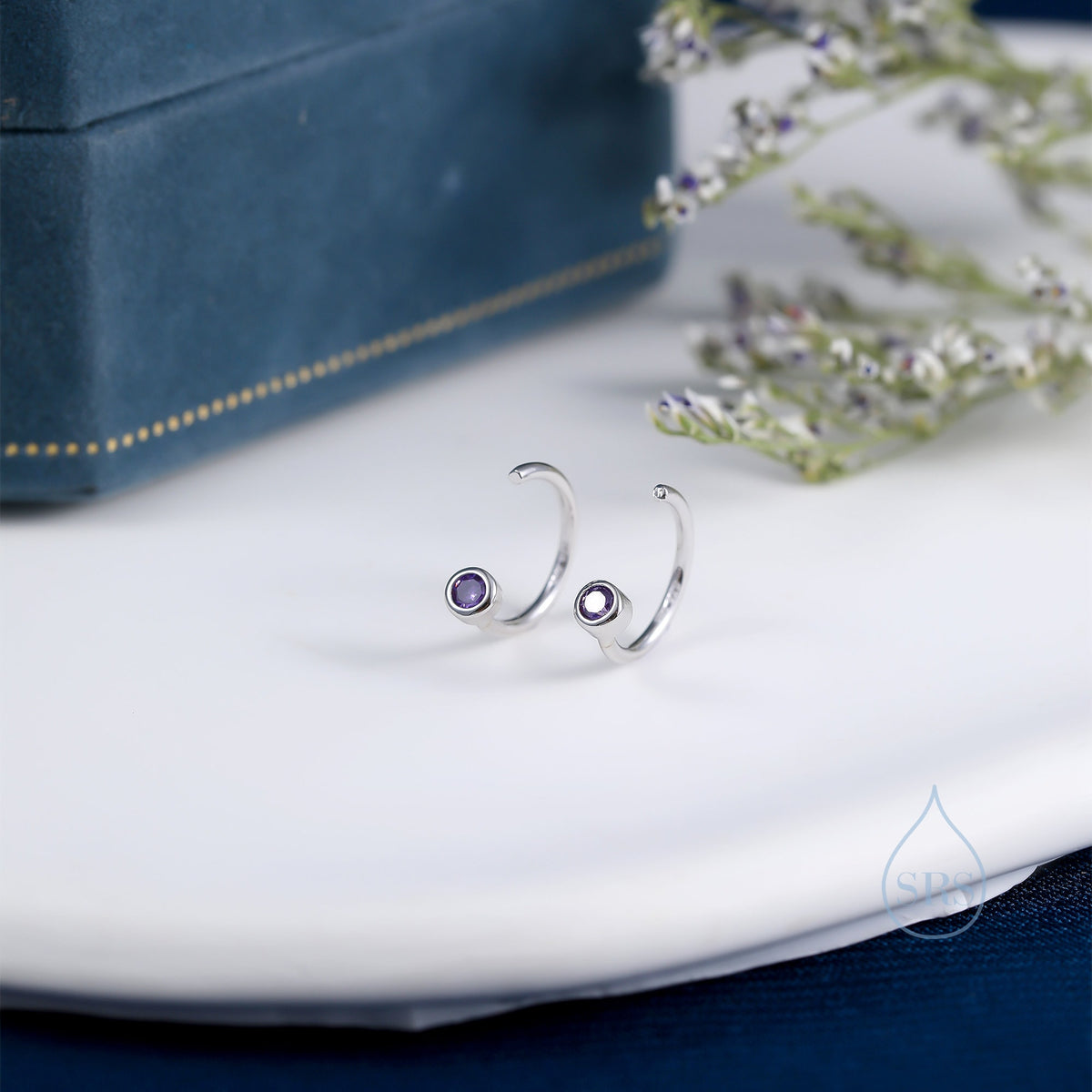 2mm Amethyst Purple CZ Huggie Hoop Earrings in Sterling Silver, Silver or Gold, Half Hoop, Open Hoop, Pull Through, February Birthstone