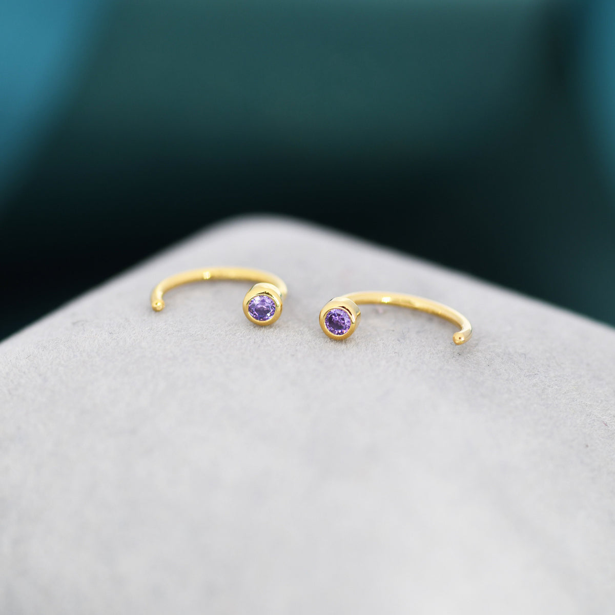 2mm Amethyst Purple CZ Huggie Hoop Earrings in Sterling Silver, Silver or Gold, Half Hoop, Open Hoop, Pull Through, February Birthstone